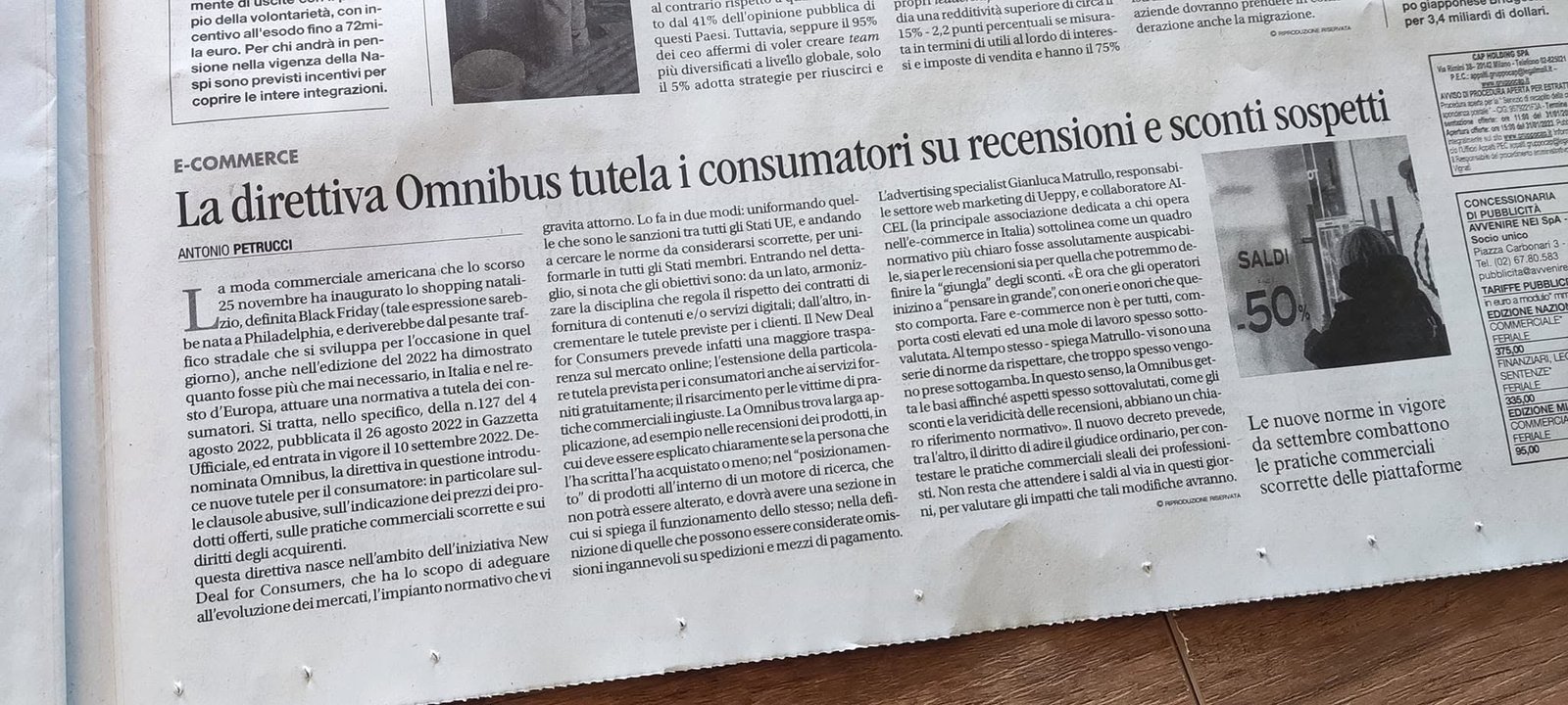 Avvenire print article on the Omnibus Directive quoting Gianluca Matrullo